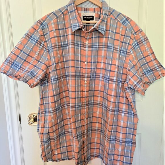 Men's XXXL Johnston and Murphy Blue and orange plaid short sleeve shirt - Picture 6 of 8